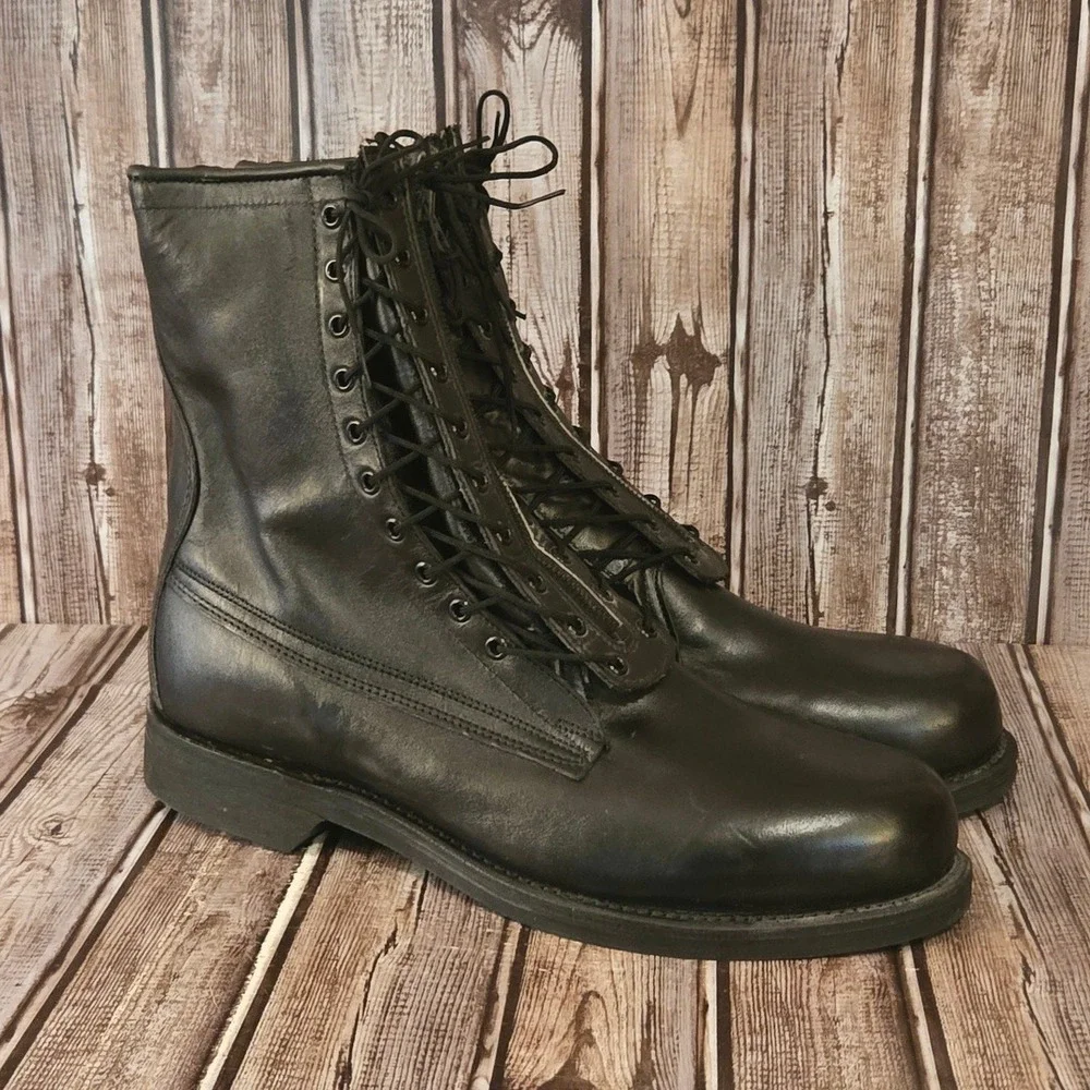 11 D Mens Addison Shoe Corp Military Combat Black Leather Boots Zip Lace Up EUC‎